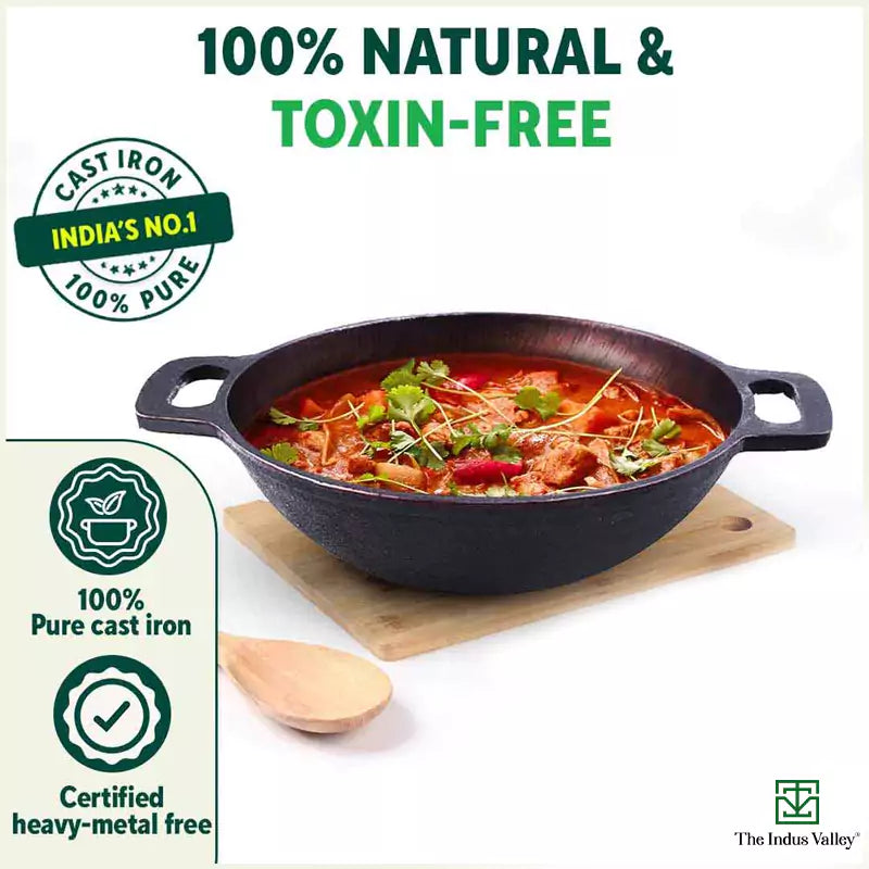 The Indus Valley Super Smooth Cast Iron Kadai,Pre-seasoned, Nonstick, 100% Pure, Toxin-free, Spatula, 25.4cm, 2.5L, 2.4kg | Grocsy