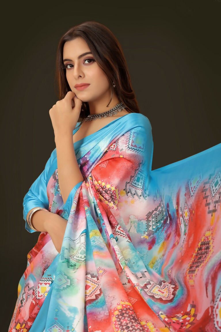 Aayaa Designer Printed Satin Saree - Multi Color | Grocsy