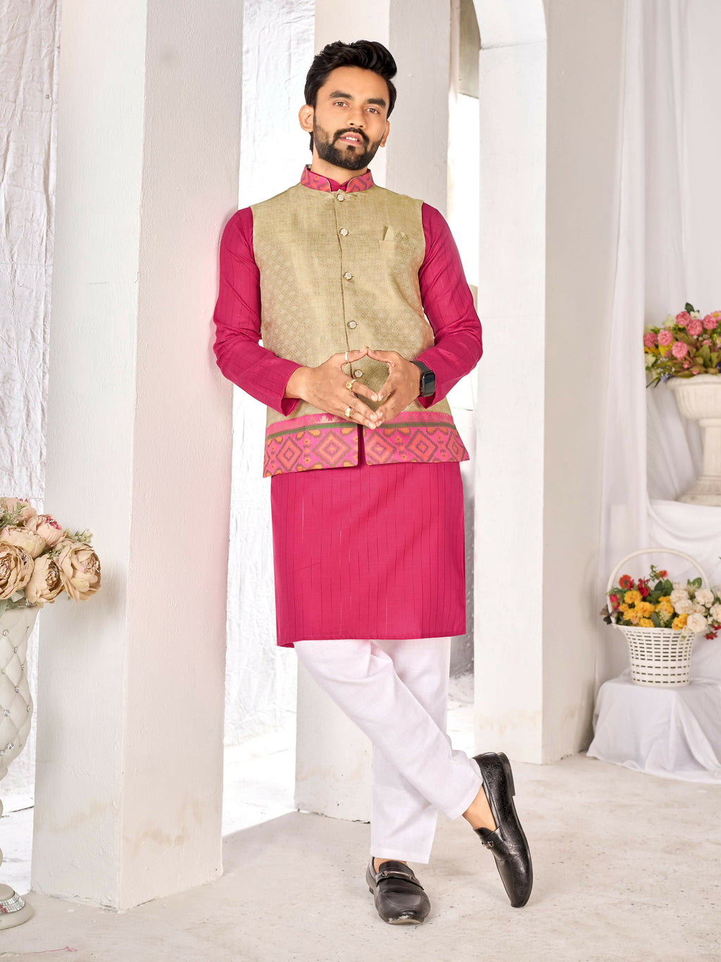 Anaita Beige Cotton Straight Kurta Pajama & Koti With Jequard Work | Grocsy