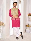 Anaita Beige Cotton Straight Kurta Pajama & Koti With Jequard Work | Grocsy