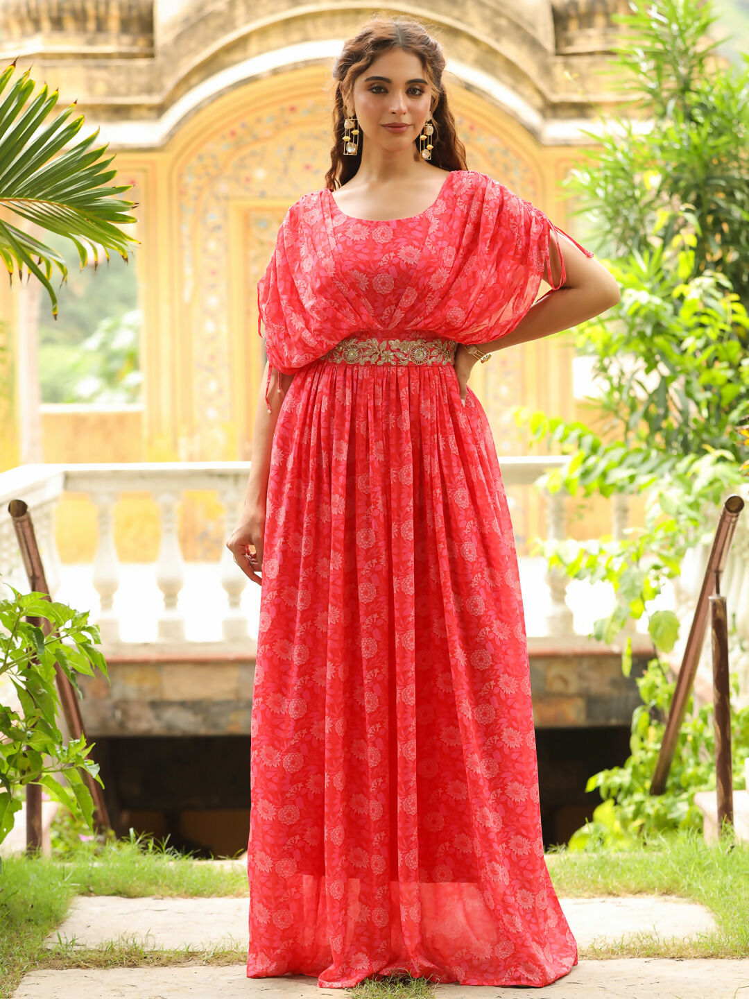 Janasya Pink Georgette Floral Gown | Grocsy