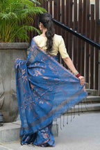 Beatitude Blue Cotton Floral Jamdani Saree | Grocsy