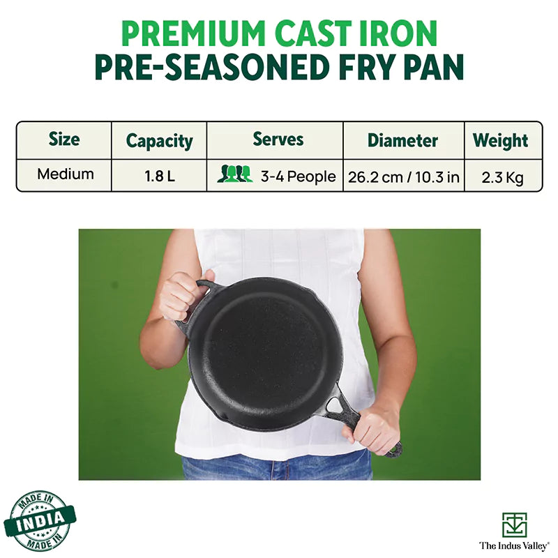 The Indus Valley CASTrong Cast Iron Fry Pan/Skillet, Pre-seasoned, Nonstick, 100% Pure, Toxin-free, Induction,Spatula, 25.4cm, 1.7L, 2.3kg | Grocsy
