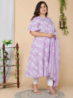 Miravan Women's Plus Size Lavender Floral Flared Sleeves Anarkali Kurta With Dupatta | Grocsy