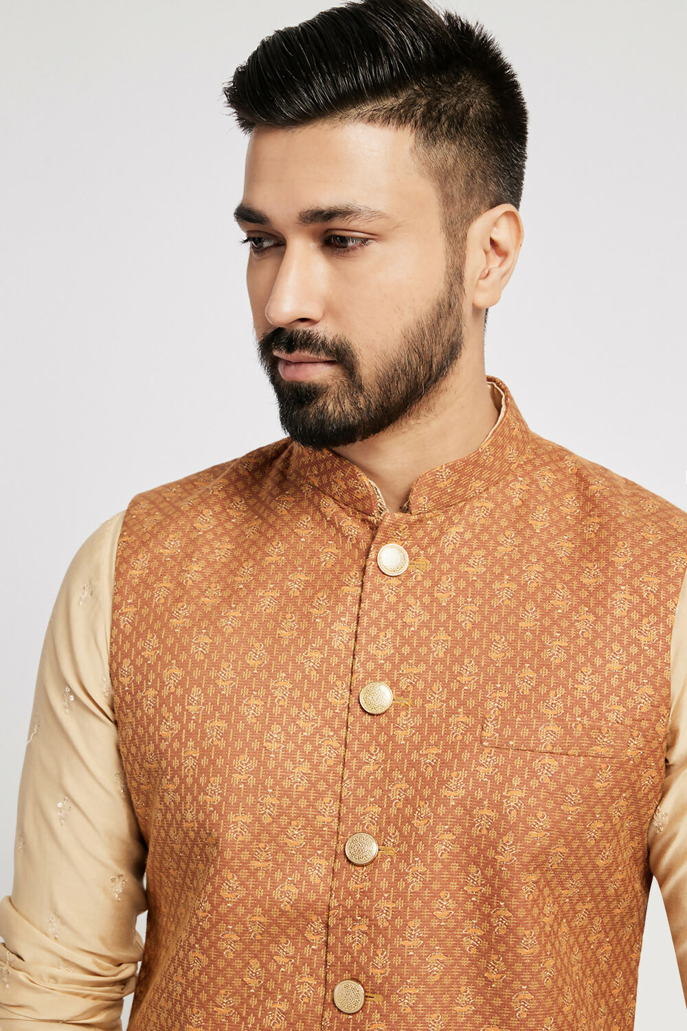 Ethnic India Brown Bundi Men's Jacket Abstract Blended | Grocsy