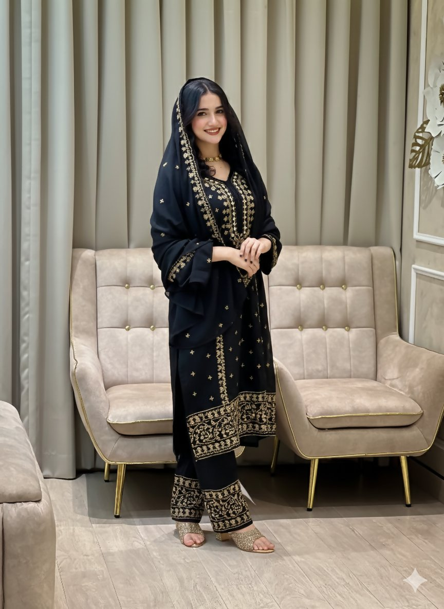 Teeya Creation Black Color Faux Georgette Embroidery Work Party Wear Salwar Suit | Grocsy