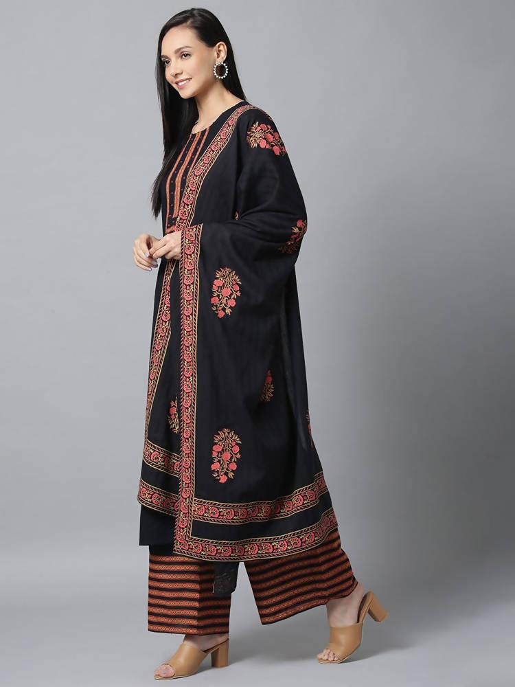 Yufta Women Black & Pink Yoke Design Kurta with Palazzo & Dupatta | Grocsy