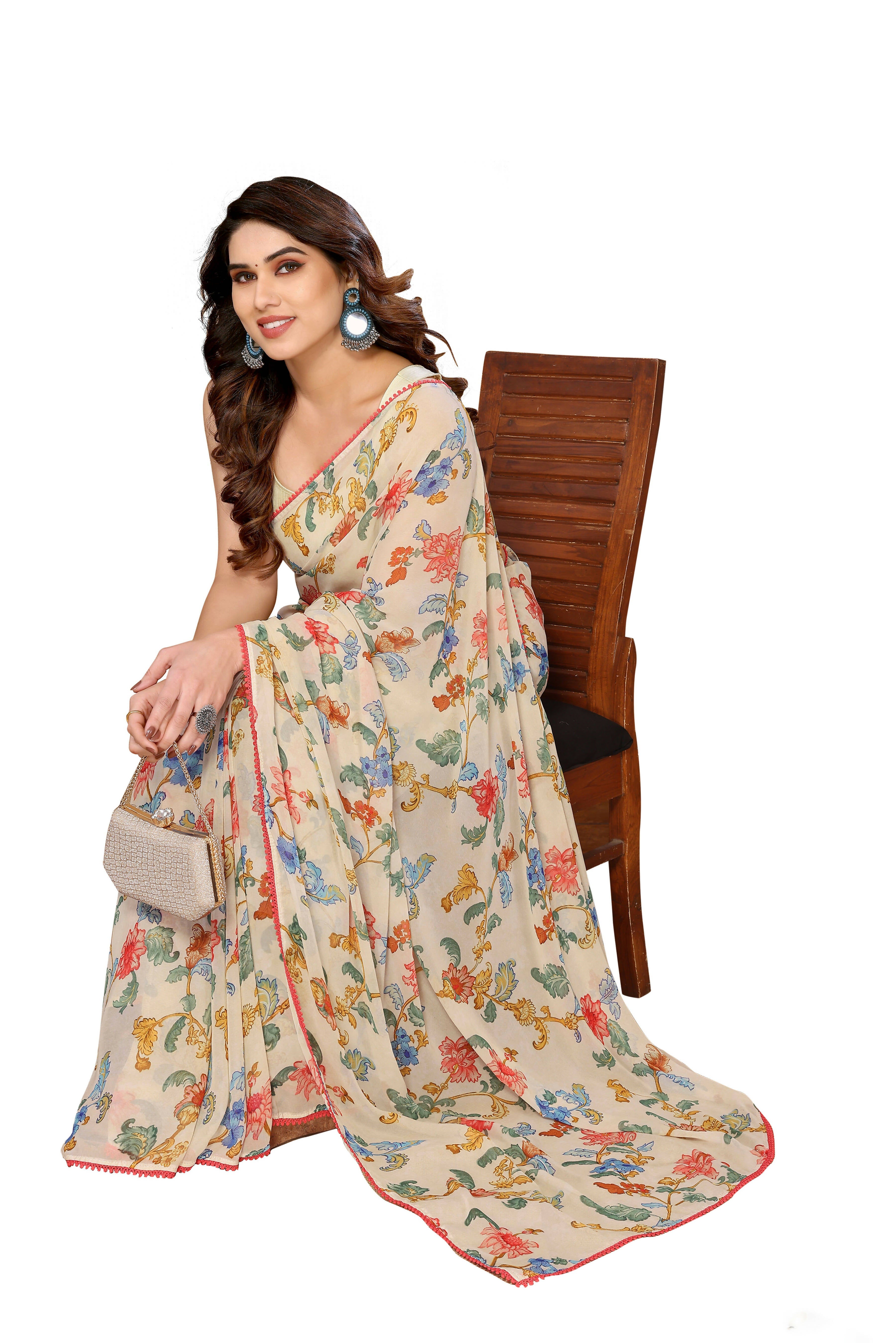 Women's Partywear Designer Off white Georgette Fancy Saree - Satrangi | Grocsy