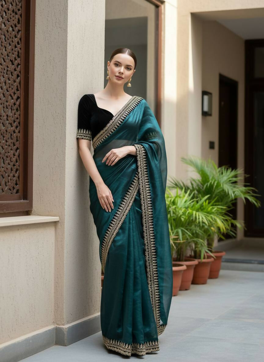 Joban Fashion Petrol Soft twill Net Party Wear Sarees | Grocsy