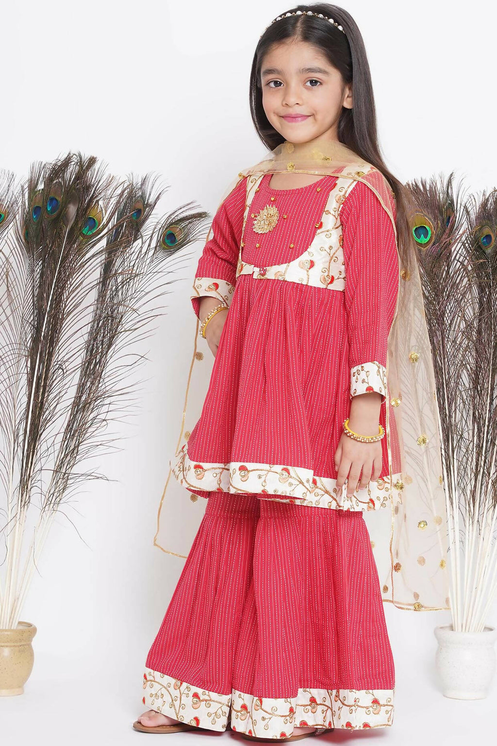 Little Bansi Floral Embroidery Jacket With Cotton Kantha Frock Sharara And Dupatta With Ghungroo Handwork - Red | Grocsy