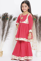 Little Bansi Floral Embroidery Jacket With Cotton Kantha Frock Sharara And Dupatta With Ghungroo Handwork - Red | Grocsy