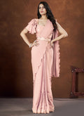 Peach Crepe Satin Silk Embroidered Saree with stitched Blouse - Mohmanthan Saha Saki | Grocsy