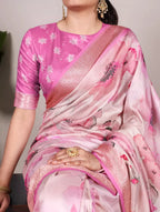 Vastranavya Pink Tussar Silk Printed with Viscose Border Saree with Unstitched Blouse | Grocsy