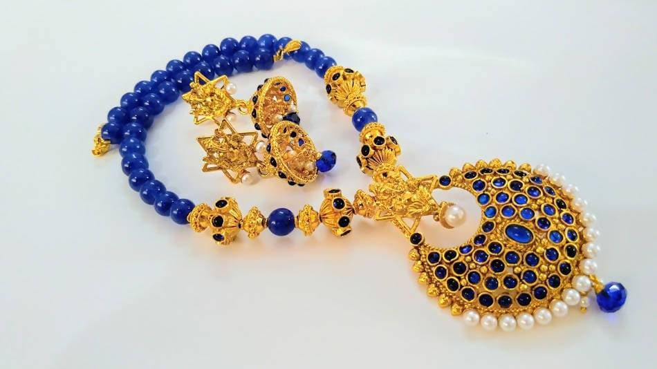 Blue Kemp Ganesha Beaded Necklace Set | Grocsy
