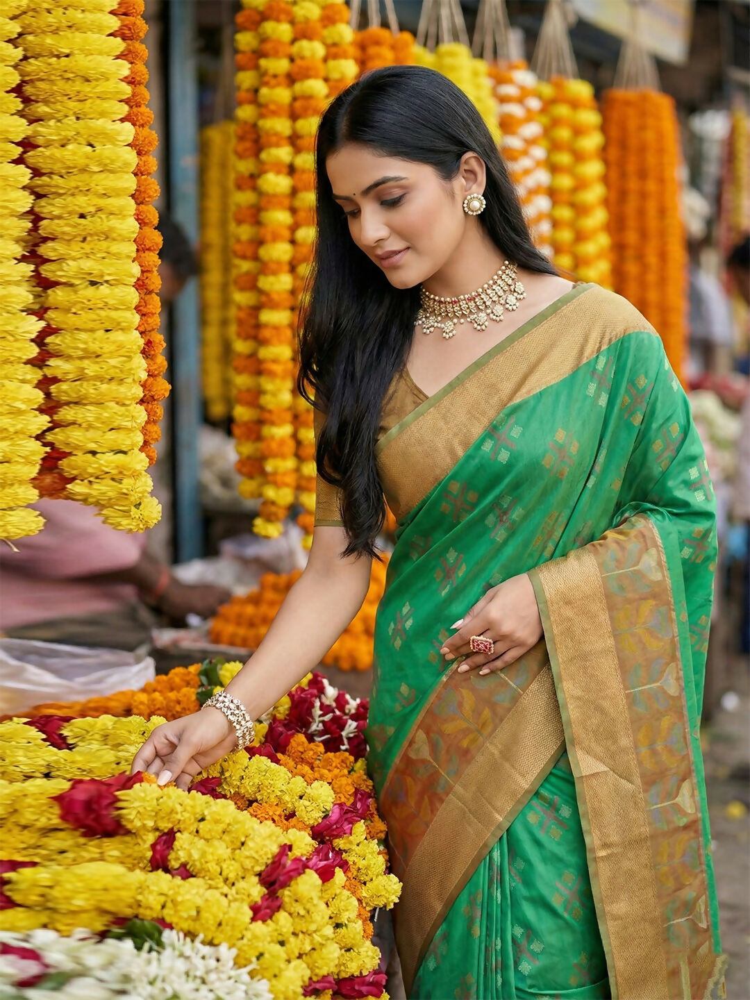 Shree Shyam Fashion Green Pochampally Silk Saree | Grocsy