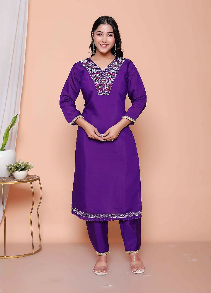 Miravan Womens Purple Muslin Straight Kurta And Palazzo With Dupatta Suit Set | Grocsy