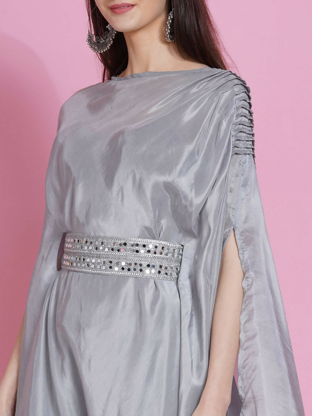 Women Republic Grey Opara Silk Kurta With Belt And Palazzo | Grocsy