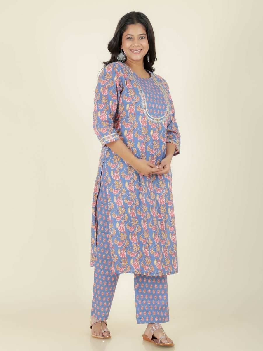 Aramya Straight Soft Cotton Floral Print Women's Kurta Set - Blue | Grocsy