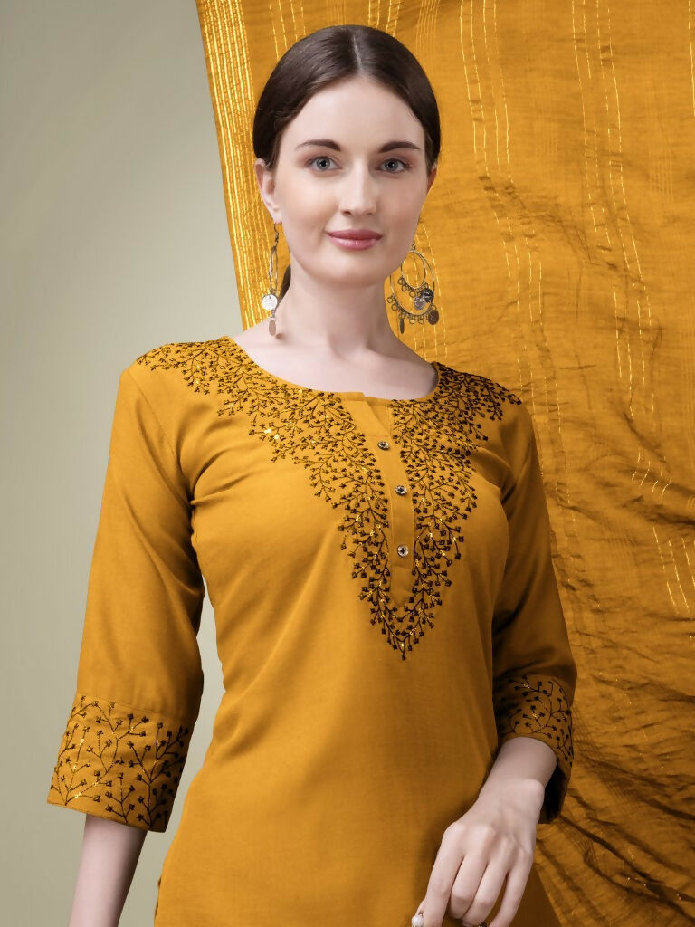 Jyoti Fashion Women's Mustard Cotton Blend Embroidery & Sequence work Kurta with Trouser & Dupatta | Grocsy