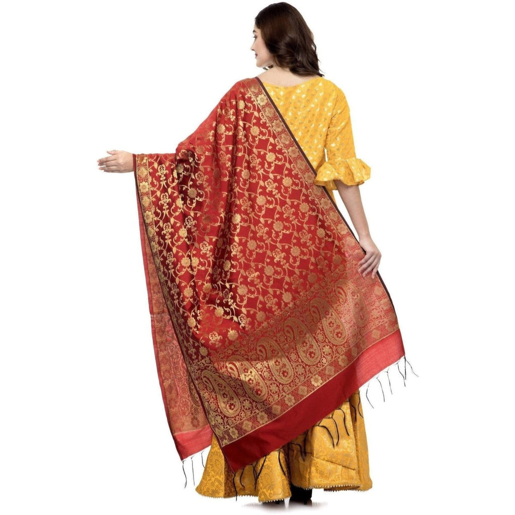 A R Silk Women's Vanarsi Silk Zari Embroidery Mehroon Fancy Dupatta | Grocsy