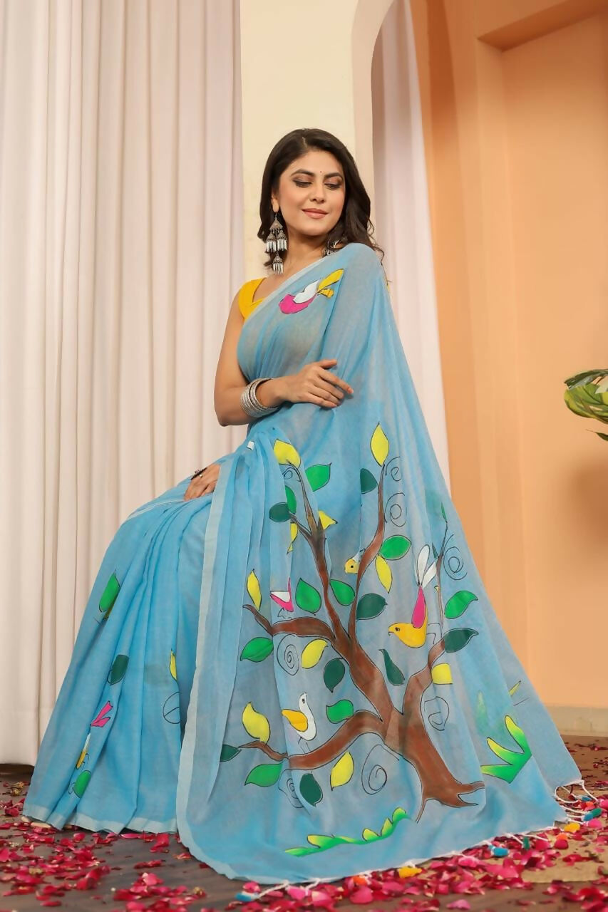 Exclusive Collection Beautiful Light Sky Pure Cotton Hand Print Handloom Saree With Running Blouse Piece | Grocsy