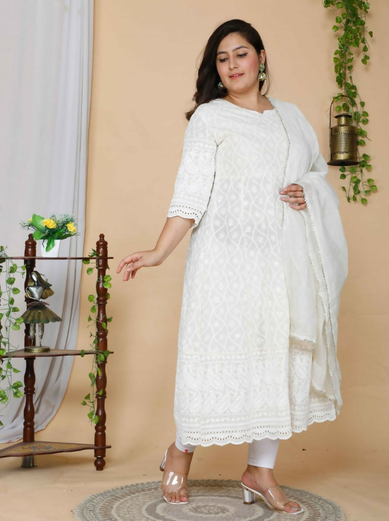 Miravan Women's Plus Size Beige Chikankari Thread Work Anarkali Kurta With Dupatta | Grocsy