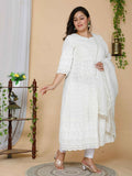 Miravan Women's Plus Size Beige Chikankari Thread Work Anarkali Kurta With Dupatta | Grocsy