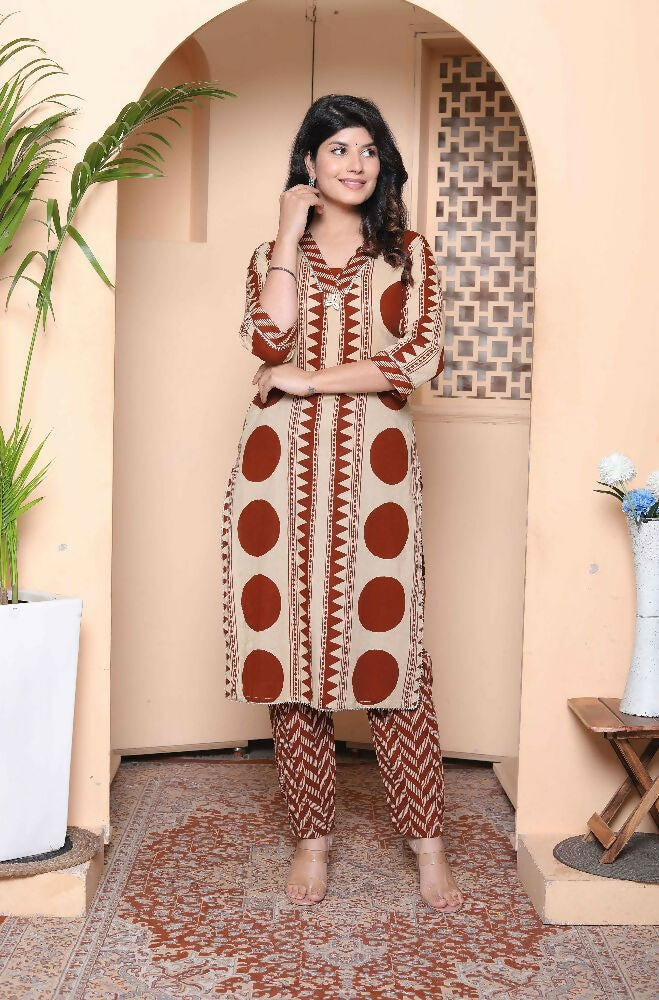 Miravan Womens Brown Pure Cotton Kurta With Palazzo Set | Grocsy