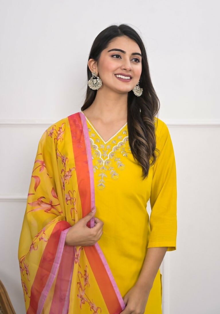 Yellow Viscose Silk Embroidery with Thread and sequence Stitched Suit With Dupatta - Tanisha | Grocsy