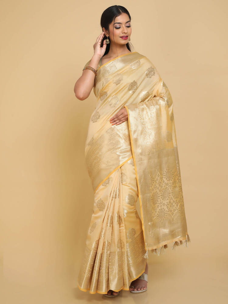 Kalamandir Floral Cream Silk Blend Saree | Grocsy