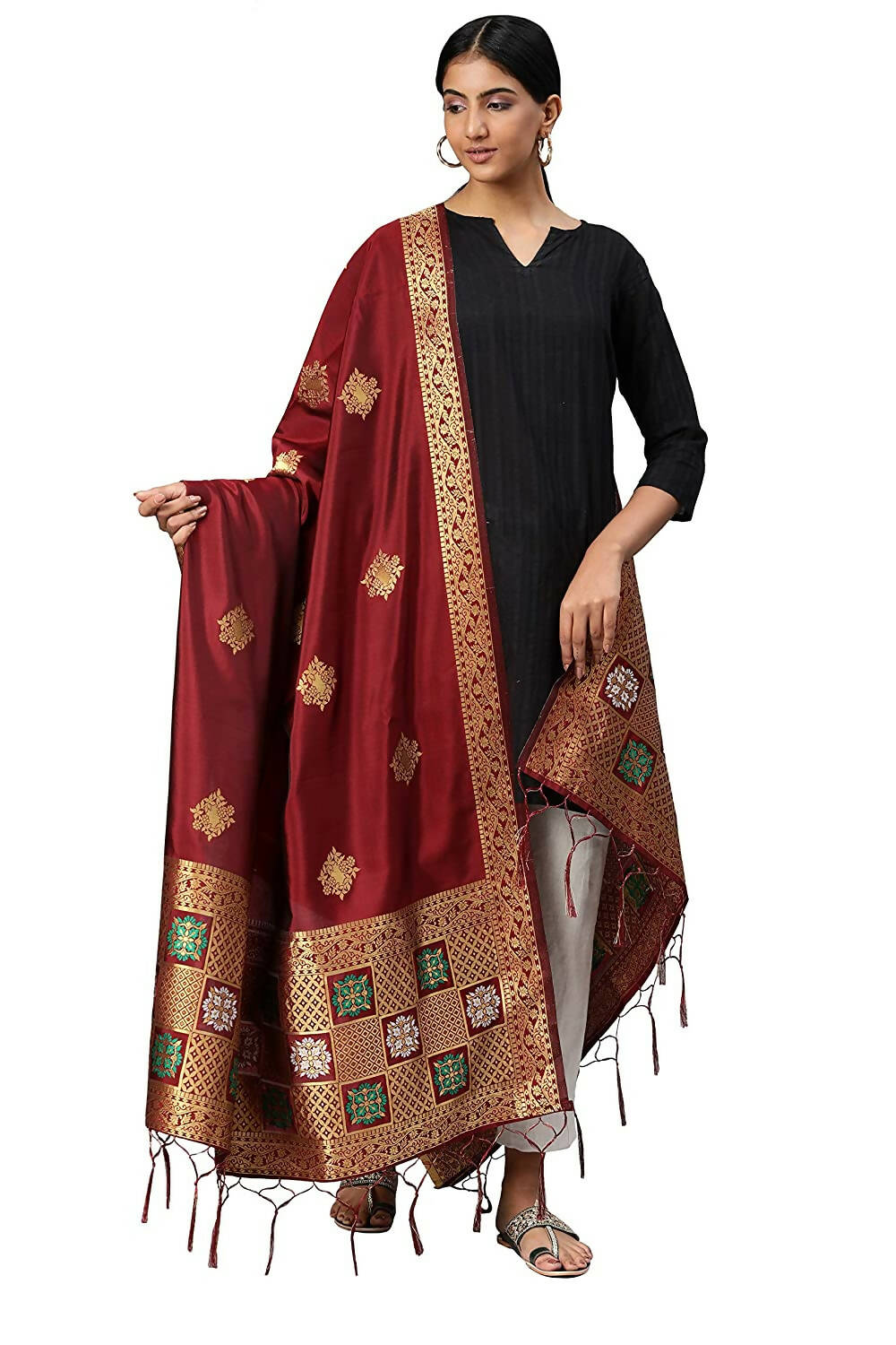 Mimosa Women's Maroon & Gold-Toned Woven Design Dupatta | Grocsy