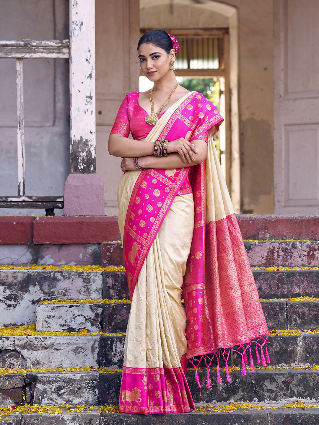 Shree Shyam Fashion Cream Soft Silk Saree | Grocsy