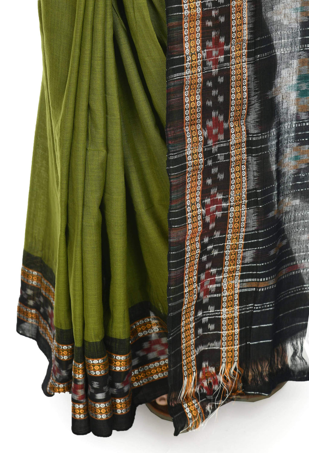 Vamika Sambalpuri Ikat Cotton Rekhabala Buti Green & Black Saree | Grocsy