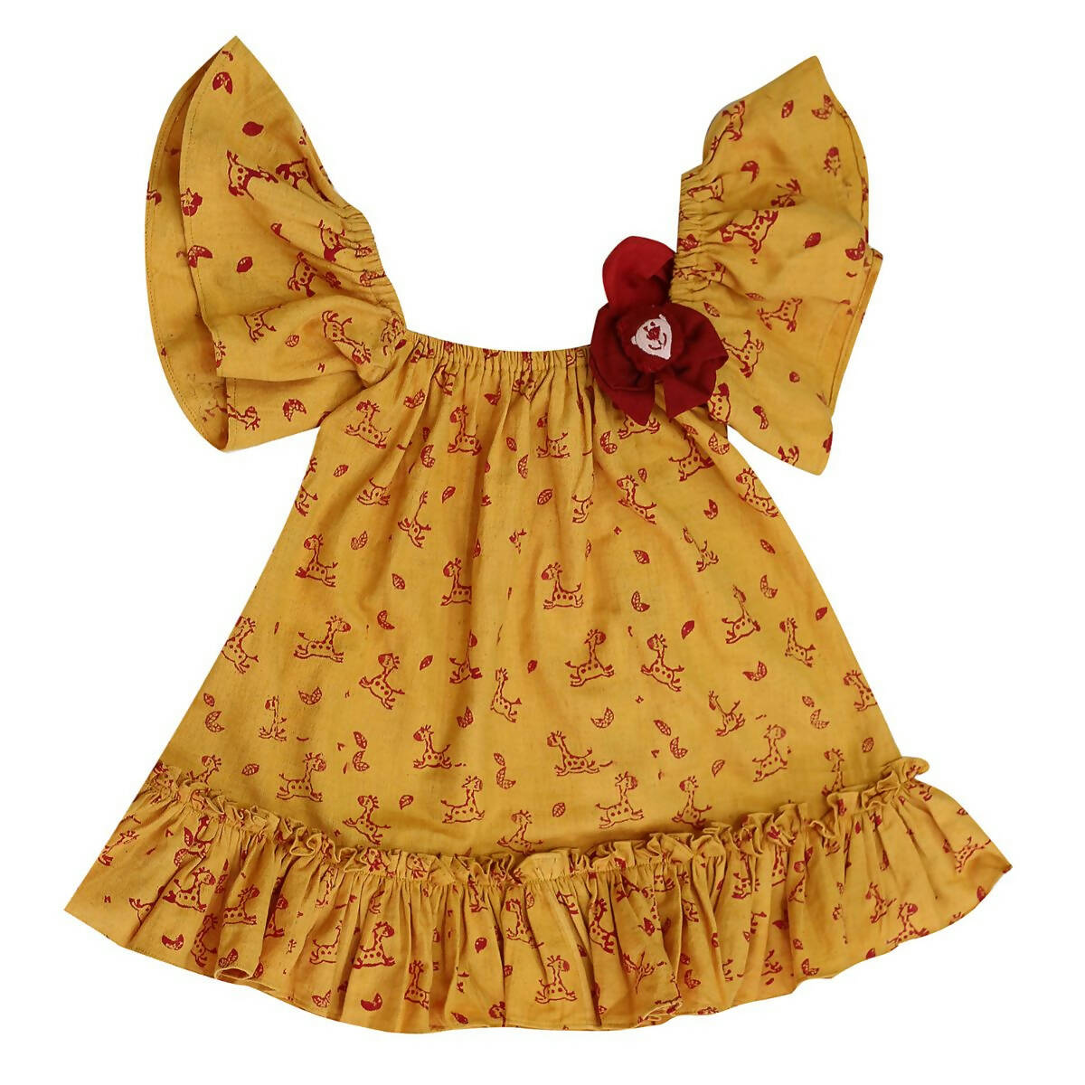 Mhyssa Half Frill Sleeves Square Neck Yellow Block Printed Frock | Grocsy