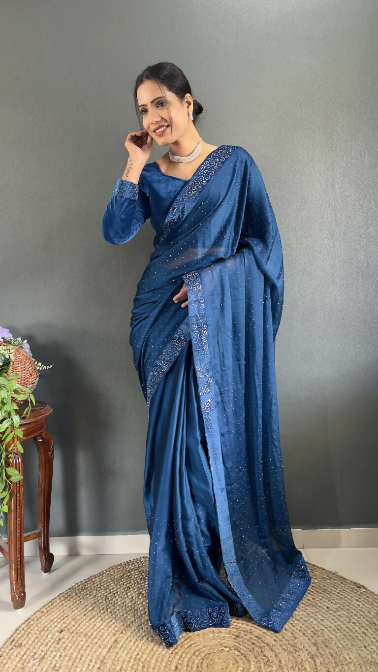 Vastranavya Teal Rangoli Silk Swarovski work Ready to Wear Saree | Grocsy