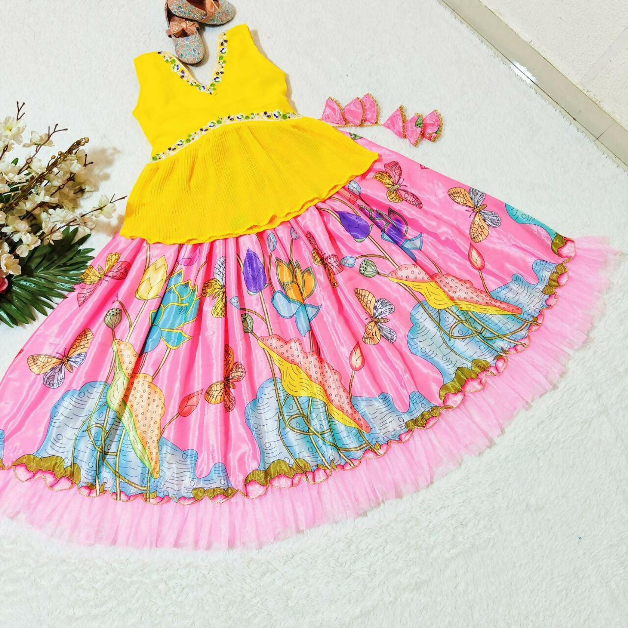 Jyoti Fashion Classy Pink Chinon Silk Printed with Embroidered Kids Lehenga Choli Set | Grocsy