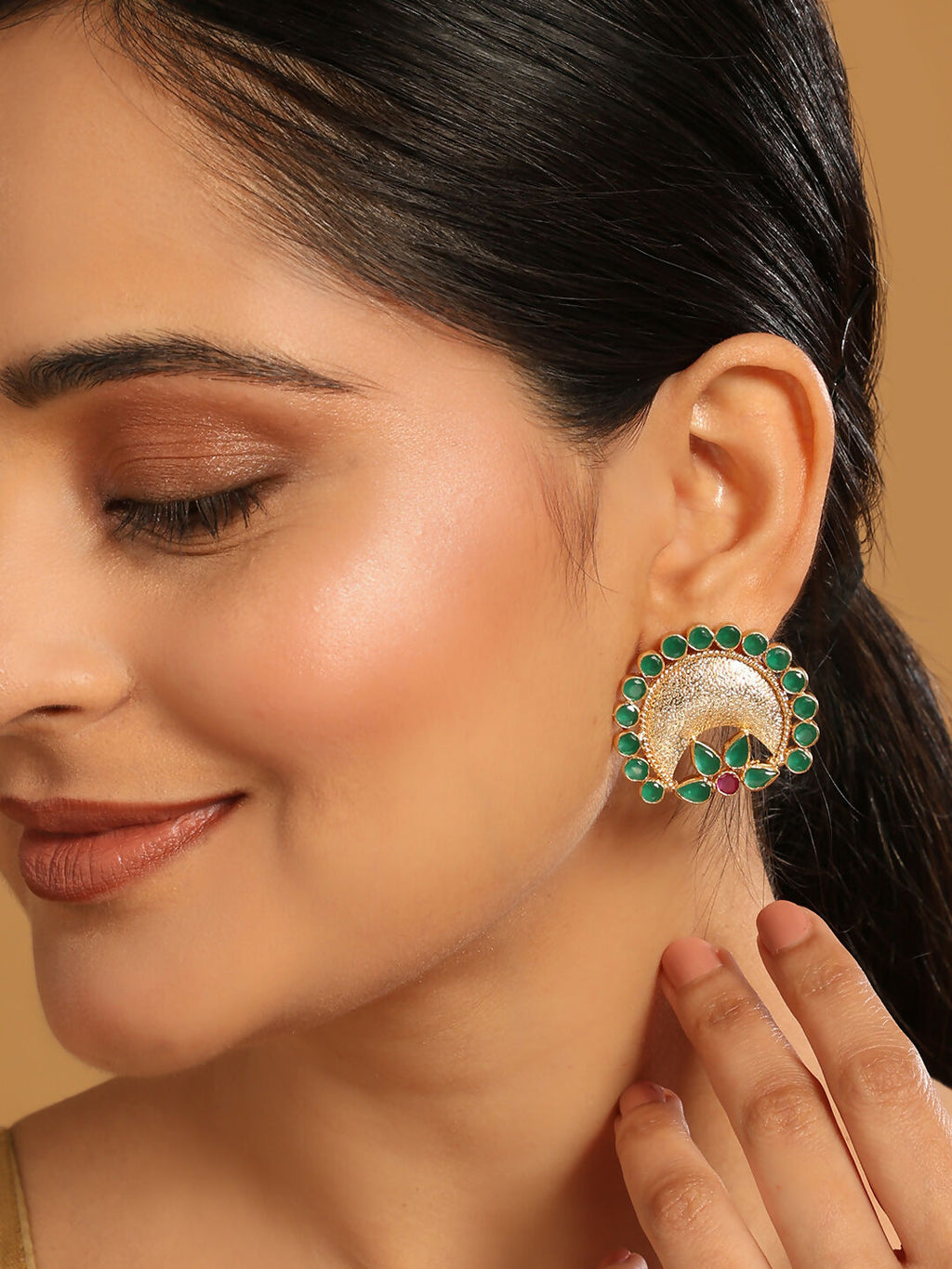 Nuyug 22K Gold Plated Faux Emerald Stone Studded Contemporary Shaped Studs | Grocsy