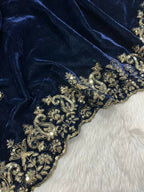 Vastranavya Designer Velvet Sequence & Zari Thread Embroidery work with border and Cutwork Saree - Navy Blue | Grocsy