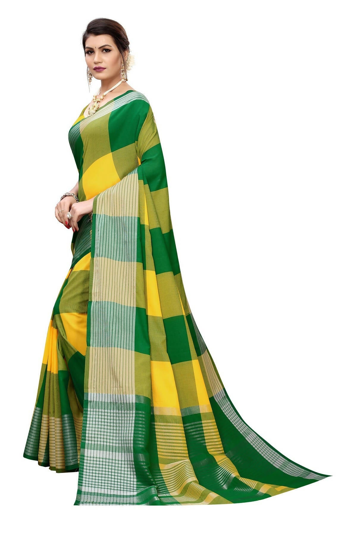 Vamika Yellow Cotton Silk Weaving Saree (Gamma Checks Yellow) | Grocsy