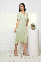 Myshka Women Green Ethnic Motifs Rayon A-Line V-Neck Dress | Grocsy