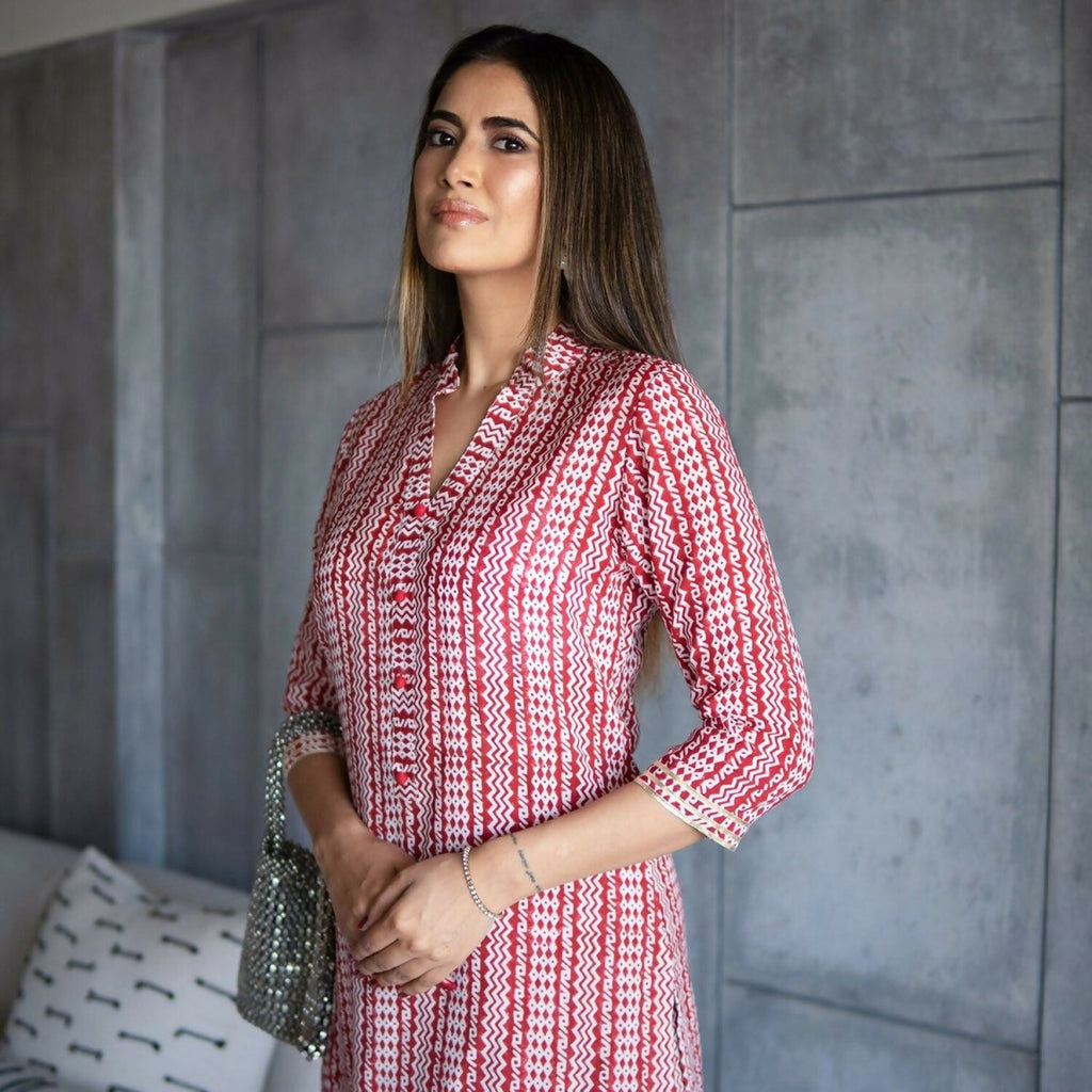 Aayaa Pure Muslin printed Kurti & Pant - Maroon red | Grocsy