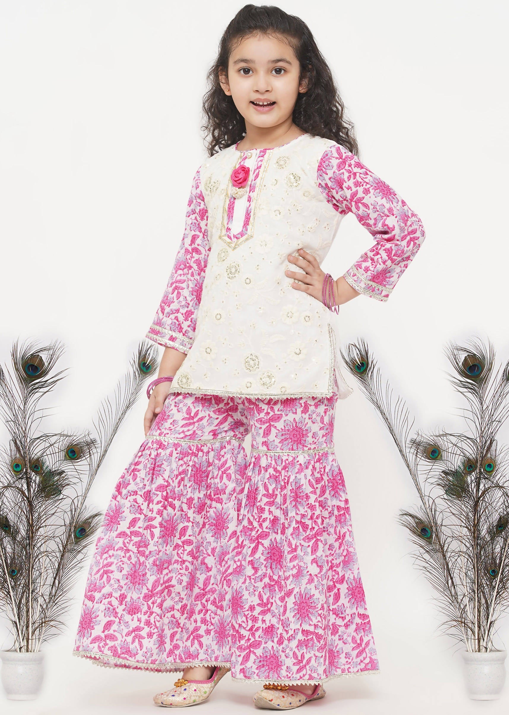 Little Bansi Girls Cotton Embroidery Kurta with Floral Sharara with Dupatta - White & Pink | Grocsy
