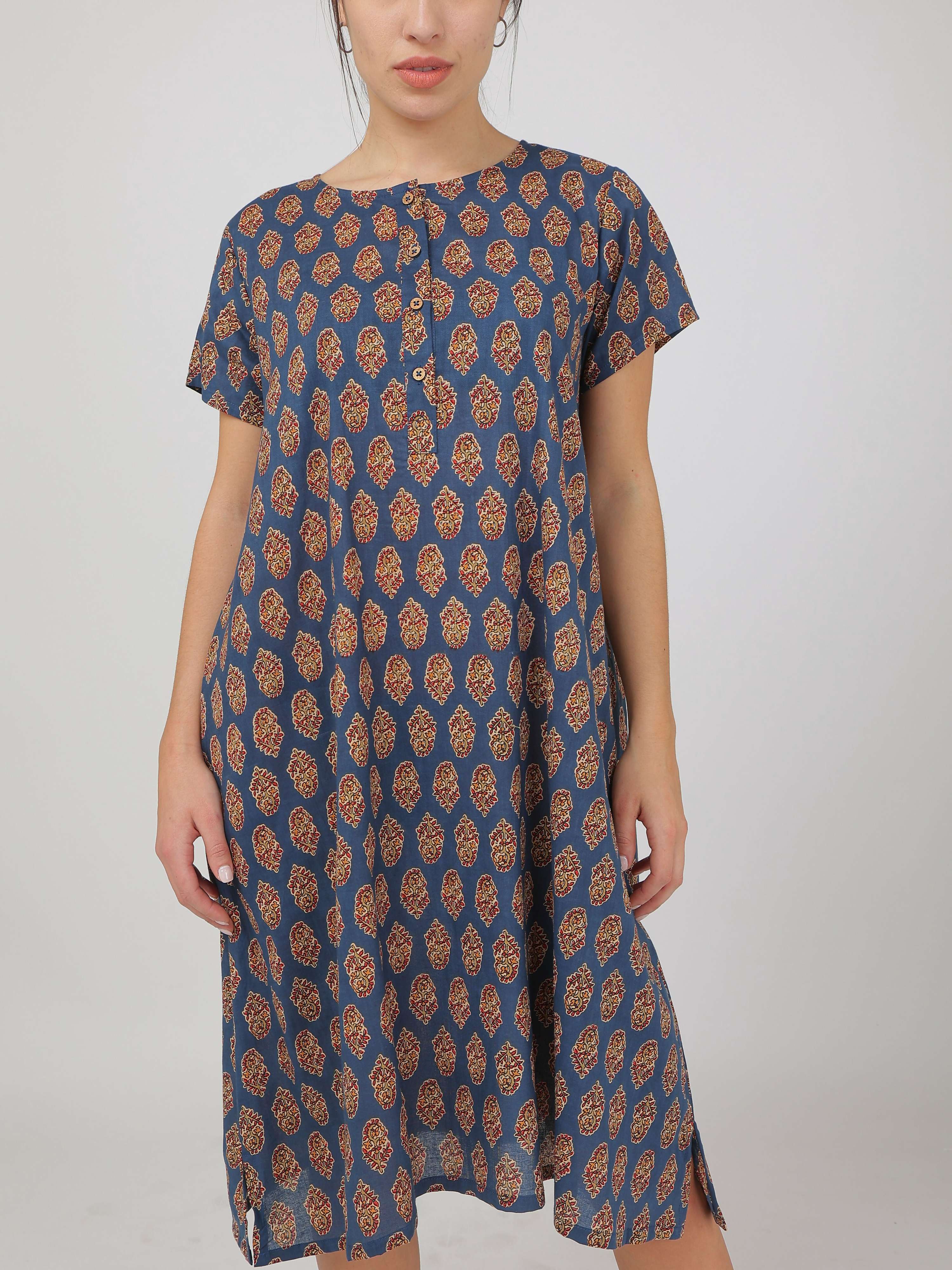 Breathables Women Cotton Printed Loungewear Nightie Blue I Night Wear | Nighty | Jaipuri Print | Grocsy