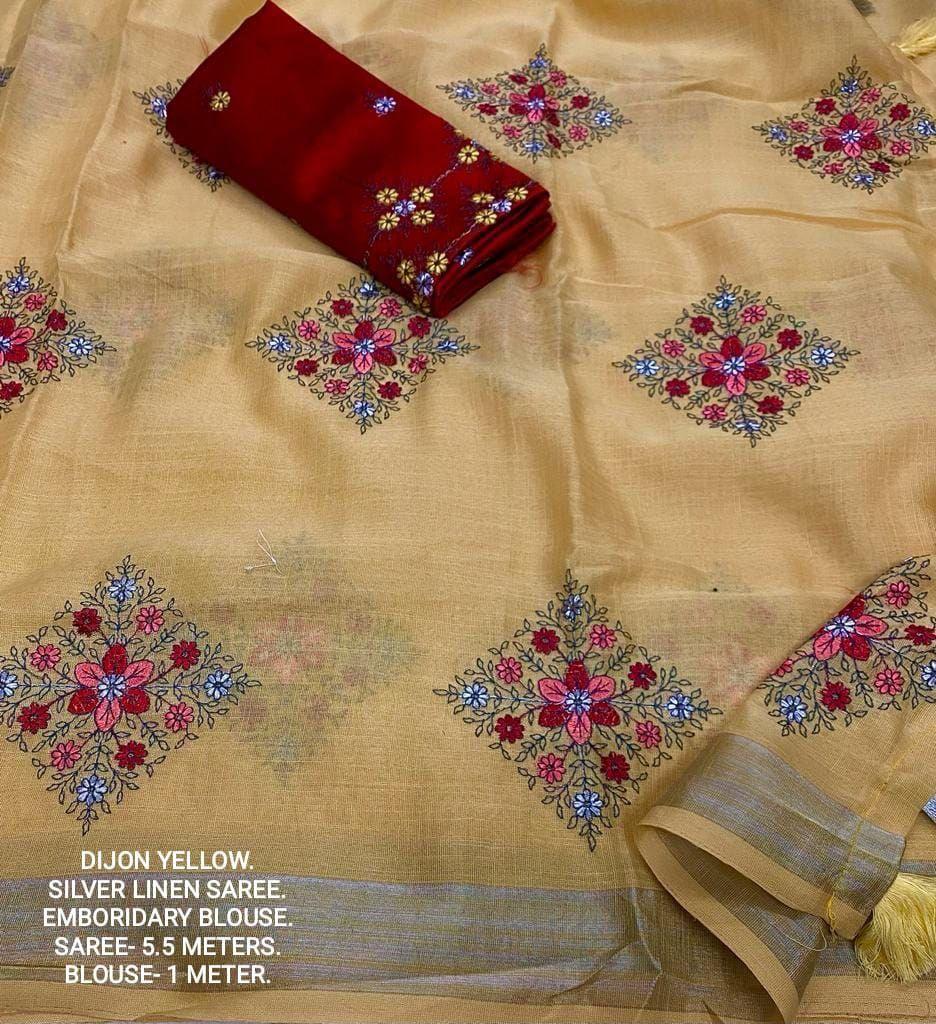 Yellow Pure Linen Ethnic Motifs Saree with Unstitched Blouse - A2M | Grocsy