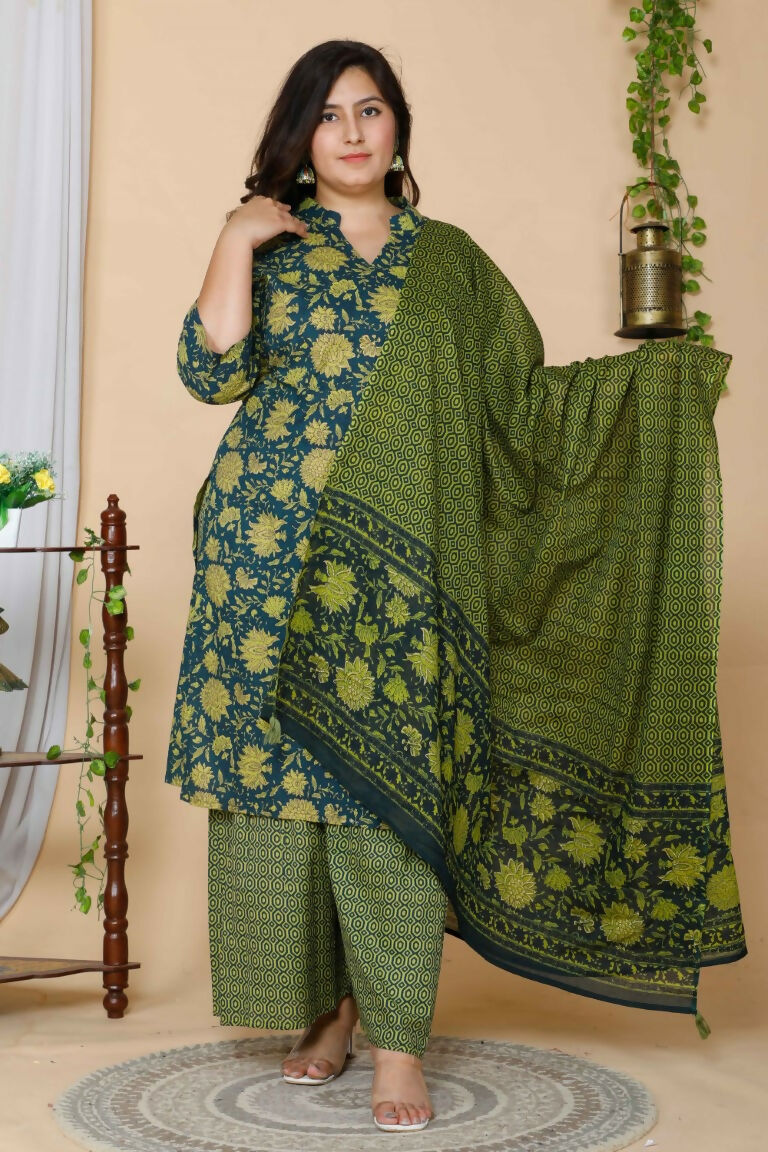 Miravan Women's Plus Size Green Floral Printed Cotton Kurta With Sharara & Dupatta Set | Grocsy
