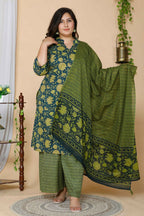 Miravan Women's Plus Size Green Floral Printed Cotton Kurta With Sharara & Dupatta Set | Grocsy