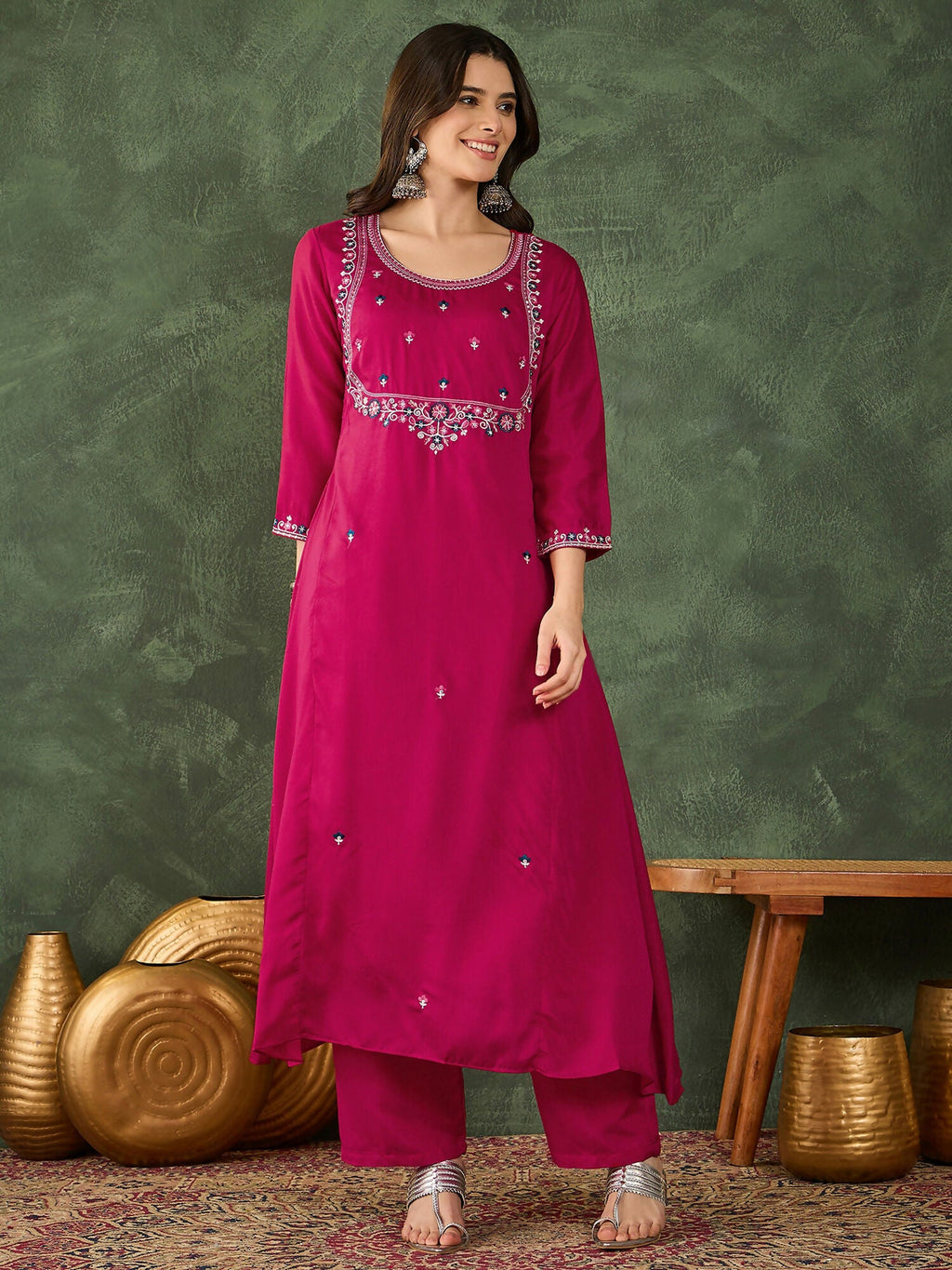The52 Women's Gorgeous Embroidery Work Vichitra SIlk Fabric Flared Kurta Pant and Dupatta Set-Rani | Grocsy