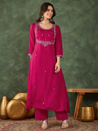 The52 Women's Gorgeous Embroidery Work Vichitra SIlk Fabric Flared Kurta Pant and Dupatta Set-Rani | Grocsy