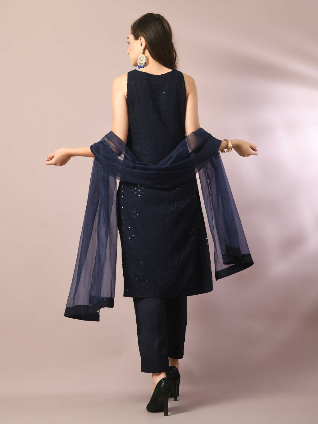 Myshka Women's Navy Blue Embroidered Cotton Straight Party Kurta Set With Dupatta | Grocsy