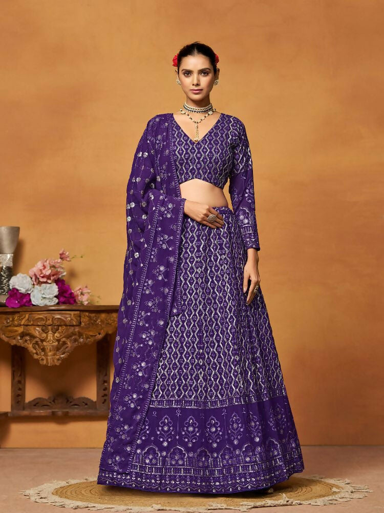 Purple Thread Sequence Embroidered Georgette Lehenga Choli - Jihu Culture | Grocsy